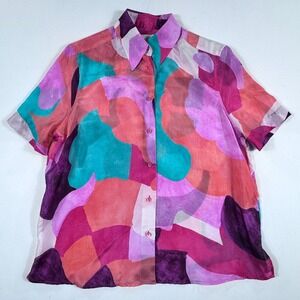 XACUS Women's Silk Abstract Print Short Sleeve‎ Button Up Shirt Made in Italy